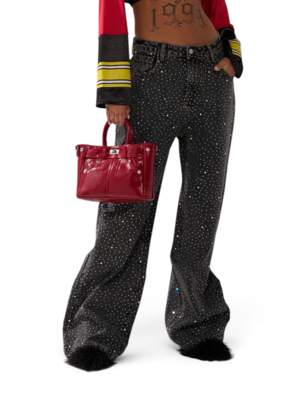 🔥🔥AKIRA Black Wide-Leg Jeans with All-Over Silver Rhinestones - Picture 6 of 10